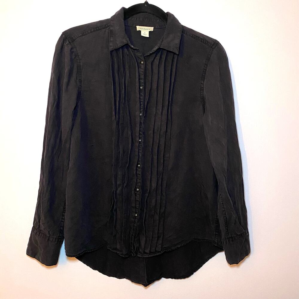 Sundance Alyona Black Long Sleeve Snap Up Pleated Blouse Top Women's size Small